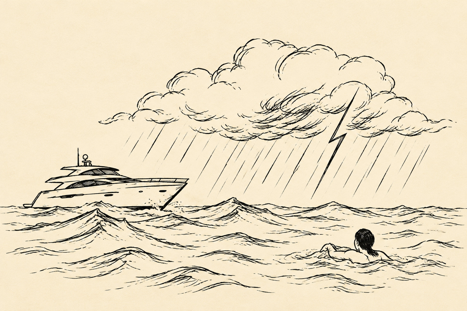 Tempestade no Mar com Iate e Nadador